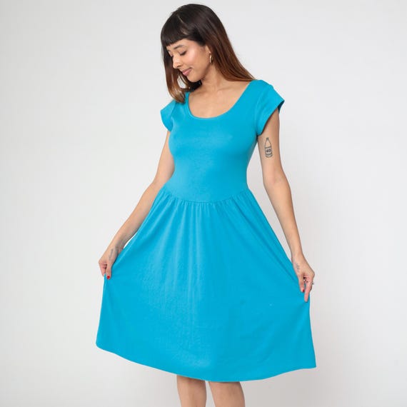 80s Turquoise Summer Dress Blue Fitted Bodice Gathered Midi Skirt Scoop Neck Byer Too Vintage Preppy Day Dress Small S 7