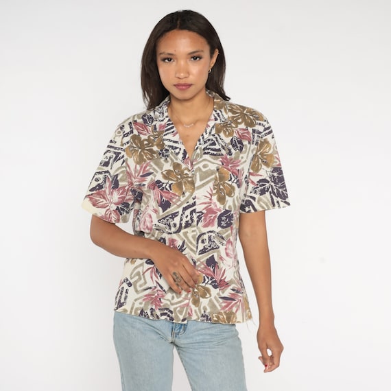 Tropical Floral Blouse 80s Button Up Shirt Off-Wh… - image 2