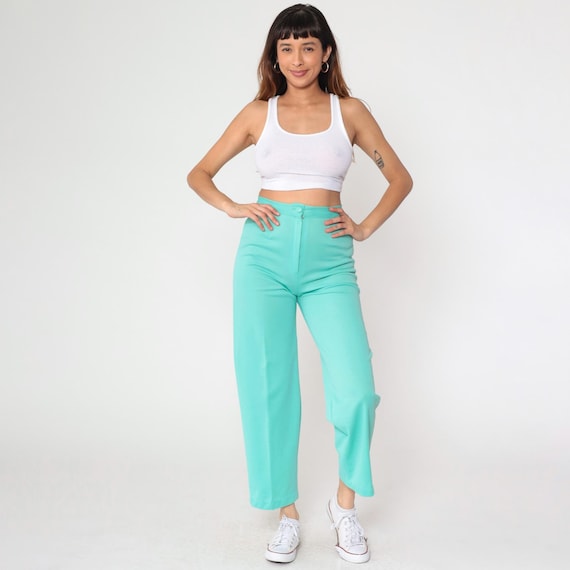 70s Tapered Leg Pants Aqua Blue Slim Fit Trousers Boho Preppy Trousers 1970s High Rise Waist Vintage Seventies Creased Small