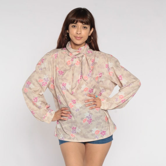 70s Floral Shirt Ascot Blouse Beige Neck Tie Top Vintage Pussy Bow Secretary 1970s Boho Long Sleeve Bohemian Vintage Extra Large xl