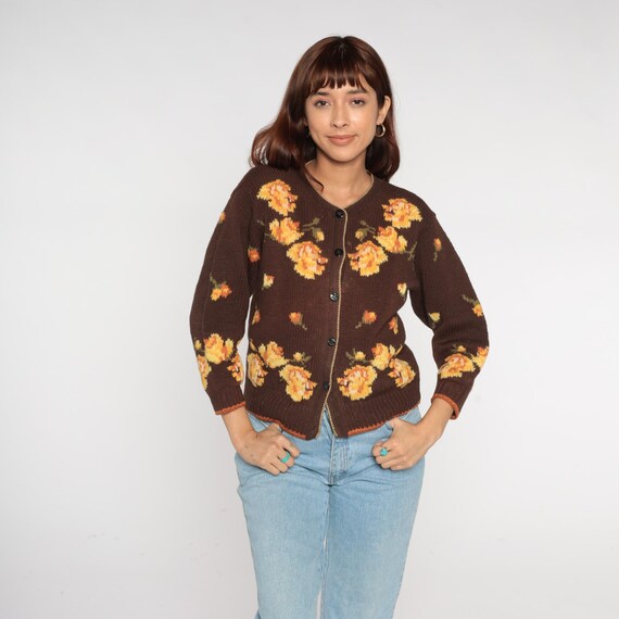 Autumn Floral Cardigan 80s Brown Orange Knit Button Up V Neck Flower Pattern Fall Cottage Core Dark Academia Rose Print Vintage Small S