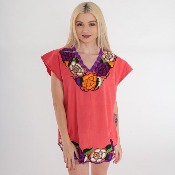 Mexican Floral Blouse 90s Coral Pink Embroidered Top Peasant Hippie Cap Sleeve Shirt Summer Boho Festival Cotton Vintage 1990s Medium M
