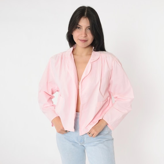 Vintage Baby Pink Cotton Jacket 80s Open Front Blazer Retro Pastel Summer Jacket Simple Basic Bohemian Chic Minimalist Medium 38