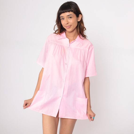 70s Pink Tunic Snap Front Short Sleeve House Dress Vintage Cottagecore Baby Pink Button Up Shirt Prairie Feminine Blouse Top Pastel Large L