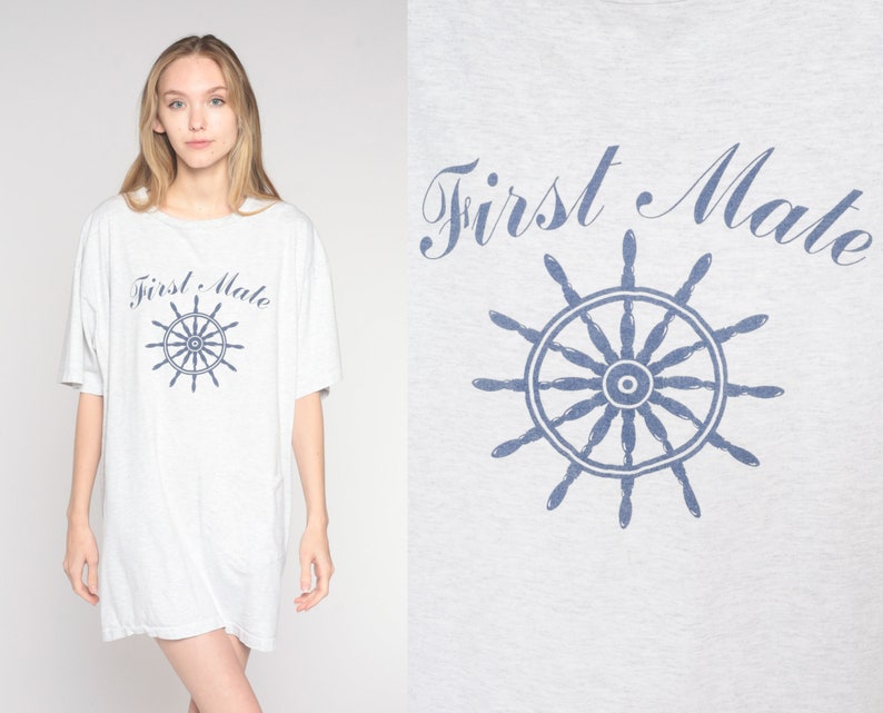 Vintage First Mate T-shirt Dress 90s Nautical Graphic Tee Grey Print ...
