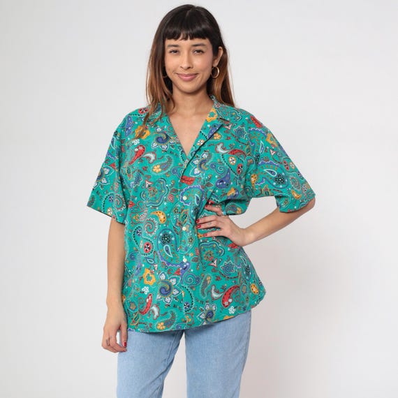 Turquoise Paisley Shirt 90s Button Up Short Sleeve Boyfriend Fit Cotton Collared Blouse Multicolor Teal Green Vintage Psychedelic Large L