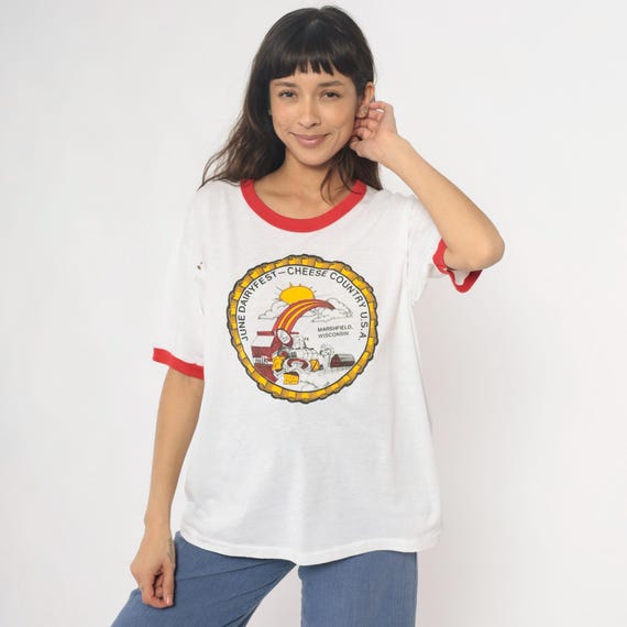 Wisconsin Cheese Ringer Tee Dairy Festival 90s Shirt White Red Trim Short Sleeve Crew Neck Vintage T Shirt Marshfield Farmcore Barn Large L