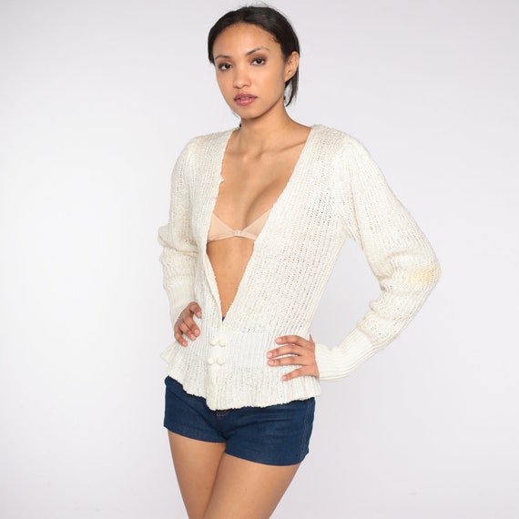 Deep V Neck Cardigan 80s Off White Knit Sweater Boho Retro Double Breasted Button Up Slouchy Plain Spring Bohemian Vintage 1980s Medium M