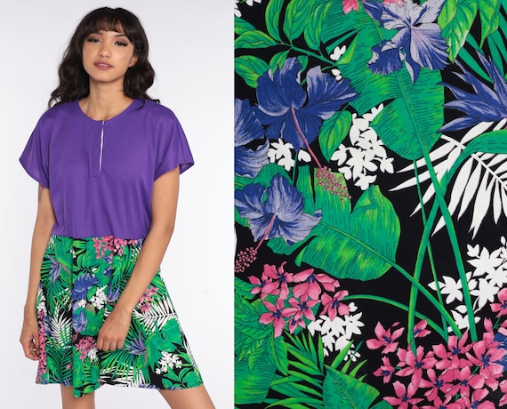 Tropical Floral Dress 80s Mini Summer High Waisted Purple Bohemian Cap Sleeve Jungle Dress Vintage 1980s Green Medium