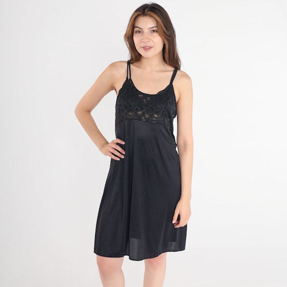 Y2K Black Sheer Lace Slip Dress Lingerie Nightgown Mini Dress Vintage 00s Spaghetti Strap Sleep Sexy Plain Minidress Large L
