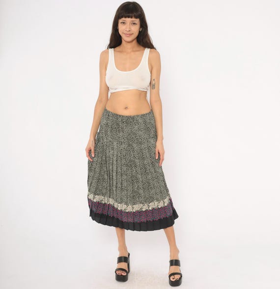 80s Floral Border Skirt Pleated Black Cream Rose Prairie Cottagecore Elastic Waist Pink Teal Flower Garden Vintage Womens Medium Large M L