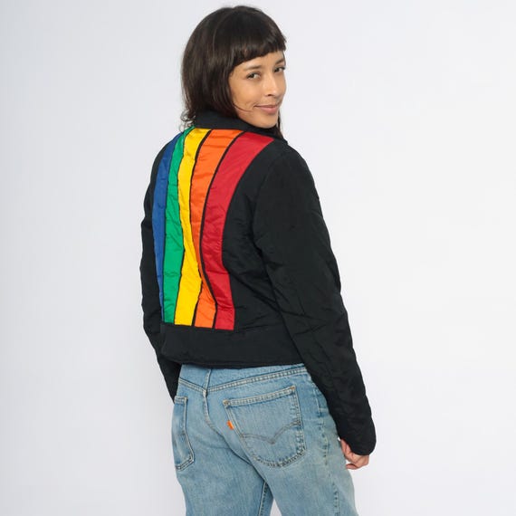Rainbow Stripe Puffer Jacket Tommy Jeans Y2K Black Cropped Bomber Red Lining Zip Front Collar Streetwear Vintage Color Block Extra Small XS