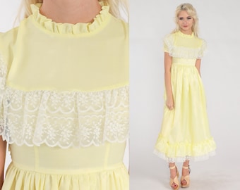 Yellow Victorian Dress 70s Party Dress Lace Trim Midi Dress High Waisted Ruffle Neck Puff Sleeve Retro Formal Prom Vintage 1970s 2xs xxs