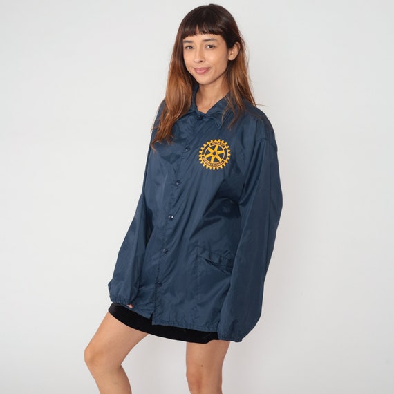 Rotary International Jacket 80s Navy Blue Snap Up Windbreaker Jacket Nonprofit Charity Logo Uniform Coat Vintage 1980s Mens Extra Large xl