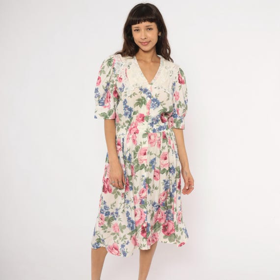 Lace Collar Floral Dress 90s Pink Rose Puff Sleeve Cottagecore Prairie Midi White Blue Garden Party Pleated Skirt Feminine Vintage Large L