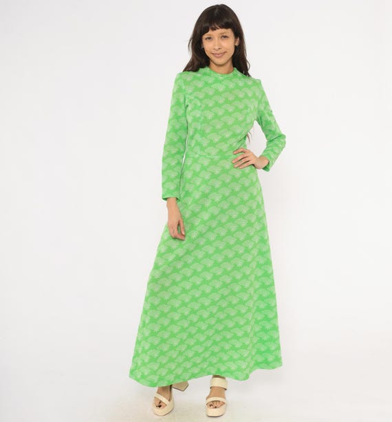 70s Green Maxi Dress White Sun Cloud Print Long Sleeve Fitted Waist Floor Length Knit Pattern Vintage Spring Summer Groovy Mint Lime Small S