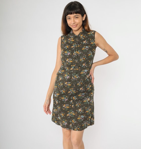 Vintage 60s Mod Floral Dress Brown Butterfly Print Sleeveless 70s Mini Shirtdress Shift Button Up 1960s Twiggy Hippie Boho Collared Small S