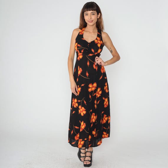 90s Floral Halter Dress Black Orange Red Cross Back Button Front Tie Sweetheart Bustier Backless Long Sundress Vintage Summer Medium M