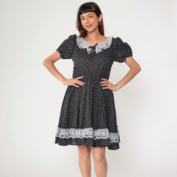 70s Calico Prairie Dress Vintage Black Floral Puff Sleeve Lace Cottagecore Mini Country Hippie Square Dance High Waist 1970s Small Medium