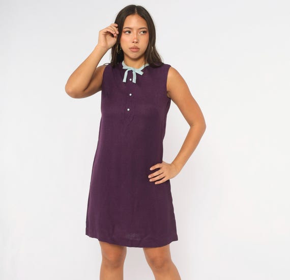 60s Mod Shift Dress Purple Wool A Line Blue Bow Tie Neck Collar Go Go Scooter Twiggy Preppy Dark Academia Space Age Vintage Small S