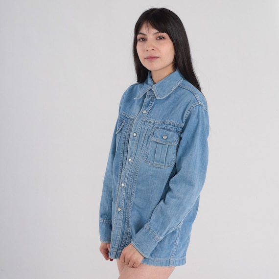 Denim Pearl Snap Shirt 70s Blue Jean Button up Shirt Retro Streetwear Western Top Long Sleeve Cowboy Jeans Best Vintage 1970s Mens Small S