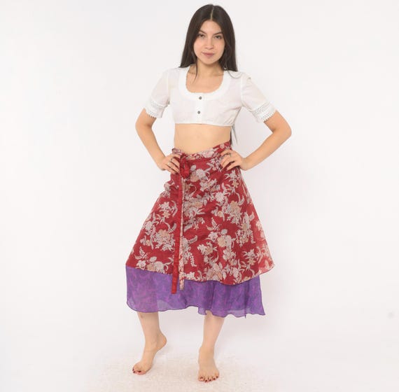 Y2K Silk Wrap Skirt Kariza Floral Burgundy Purple Double Layer Tie Waist A Line Violet Botanical Hippie Bohemian Small S To Medium M