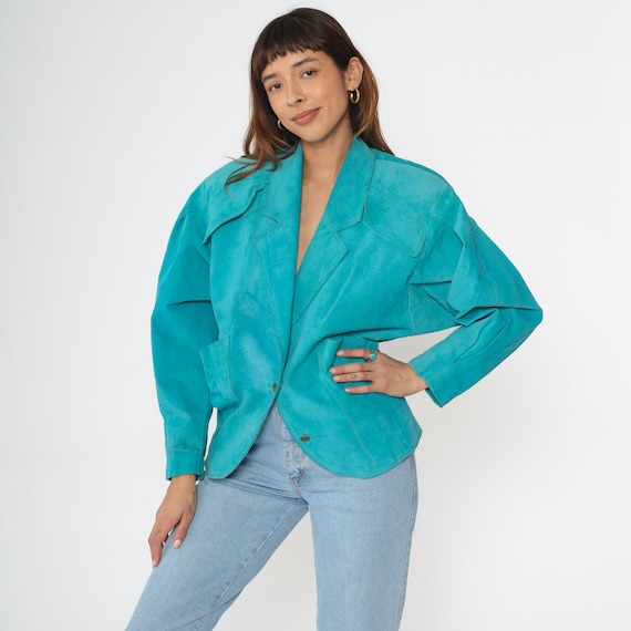 Suede Leather Blazer Jacket 80s Turquoise Western Jacket Southwest V Neck Bohemian 1980s Boho Hippie Vintage Power Shoulder Button Up Small