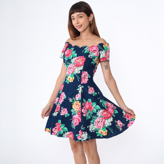 Off Shoulder Dress 80s 90s Floral Mini Dress Dark Blue Party Flower Print Fit and Flare Princess Seam Summer Scalloped Vintage 1980s Small S