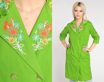 Lime Green Trench Coat 60s 70s Floral Embroidered Jacket Double Breasted Long Button Up 3/4 Sleeve Flower Light Jacket Vintage 1960s Small S