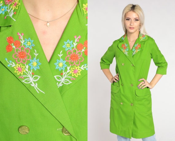 Lime Green Trench Coat 60s 70s Floral Embroidered… - image 1