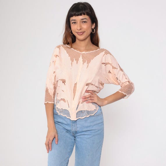 Vintage Sheer Peach Cutout Blouse 80s Floral Embroidered Bali Top Tropical Mesh Cut Out Top Boho Cutwork Dolman Cut Out Festival 1980s Small