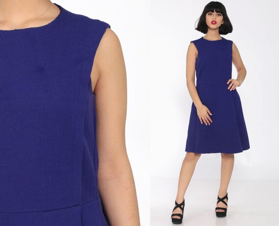 60s Mod Dress Mini Purple WOOL 1960s Shift Stewardess Space Age Dress Pleated High Waist Vintage Twiggy Sleeveless Sixties Minidress Small