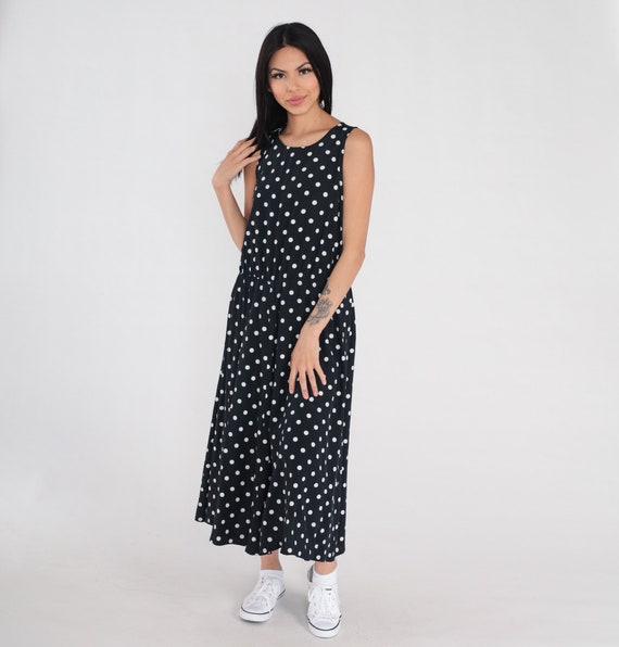 Polka Dot Dress 90s Black White Midi Dress Retro Sleeveless Day Dress High Waisted Preppy Casual Bohemian Vintage 1990s Medium Petite