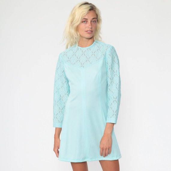 Mod Mini Dress 70s Blue Lace Dress Twiggy Shift Minidress Bib Go Go Long Sleeve Vintage 1970s Gogo Minidress Medium