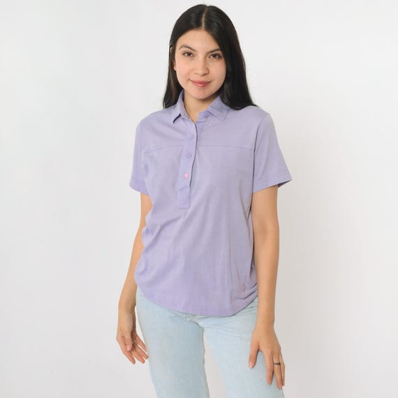 Vintage Lavender Polo Shirt 80s Purple Button Up Short Sleeve Collared T-Shirt Retro Plain Collar Preppy Tee 1980s Women's Small Medium