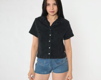 ヴィンテージ 90年代 ブラックパール スナップボタンシャツ デニム風 ウエスタンスタイル フィットトップ 半袖 グランジ Y2K ブラウス 爽快感 Sサイズ