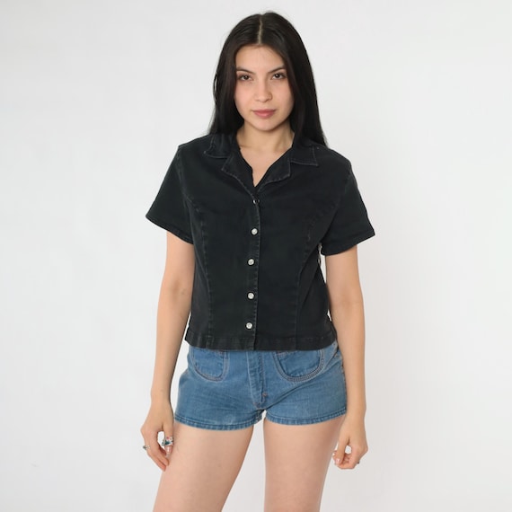 Vintage 90s Black Pearl Snap Button Shirt Denim Look Western Style Fitted Top Short Sleeve Grunge Y2K Blouse Exhilaration Small S