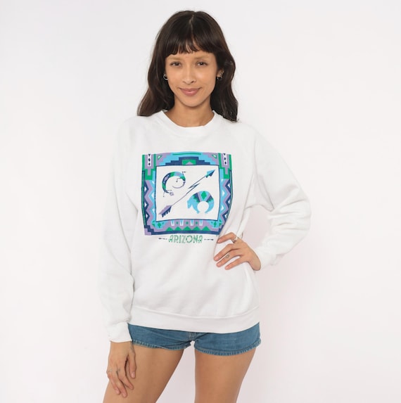 90s Arizona Sweatshirt Southwestern Lizard Bear Arrow Graphic White Pullover Teal Purple Native Cotton Raglan Tourist Souvenir Medium M