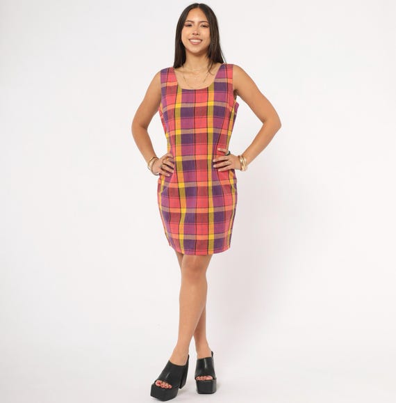 90s Plaid Mini Dress Linen Sleeveless Shift Purple Yellow Pink Orange Scoop Neck Fitted Waist Colorful Check Frock Preppy  Small Medium S M