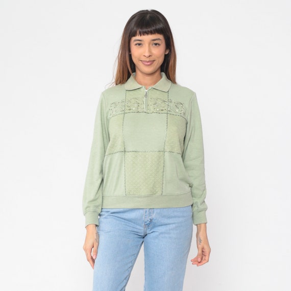 Green Quilted Sweatshirt 90s Embroidered Floral Quarter Zip Sweater Boho Pullover Flower Vine Embroidery Vintage 1990s Alfred Dunner Small S