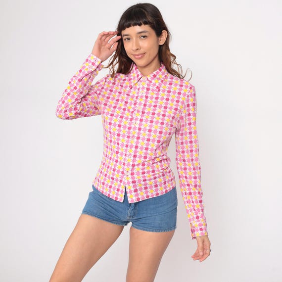 Checkered Button Shirt 90s Guess Jeans Pink Purple Yellow White Long Sleeve Collared Y2K Preppy Style Office Work Blouse Vintage Small S