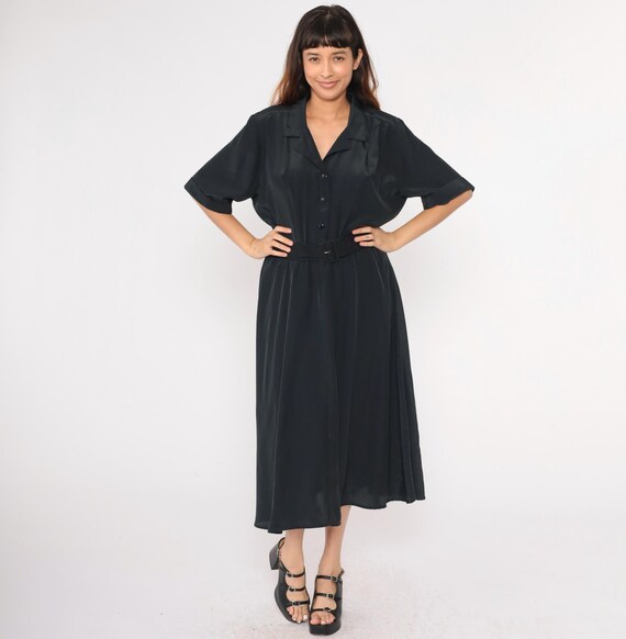 Vintage Black Satin Shirt Dress 80s Button Up Midi Dress Plain Secretary Shirtdress High Waist 1980s 1/2 Sleeve Dress Oversized Large 14