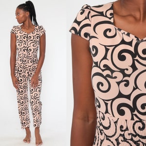 Psychedelic Jumpsuit 70s Smocked Waist Straight Leg Pants Peach Swirl Pantsuit Vintage Cap Sleeve Romper 1970s High Waisted Retro Small