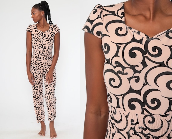 Psychedelic Jumpsuit 70s Smocked Waist Straight Leg Pants Peach Swirl Pantsuit Vintage Cap Sleeve Romper 1970s High Waisted Retro Small