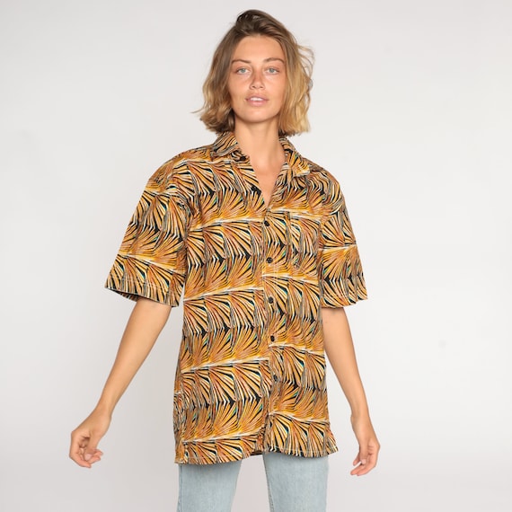 Abstract Button Up Shirt 80s Yellow Psychedelic Op Art Print Shirt Retro Boho Hipster Statement Short Sleeve Vintage 1980s Cotton Mens Large