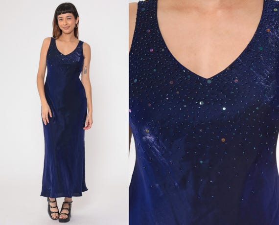 Iridescent Indigo Beaded Dress 90s Party Maxi Sequin Long Cocktail Prom Sleeveless 1990s Vintage V Neck Medium 8