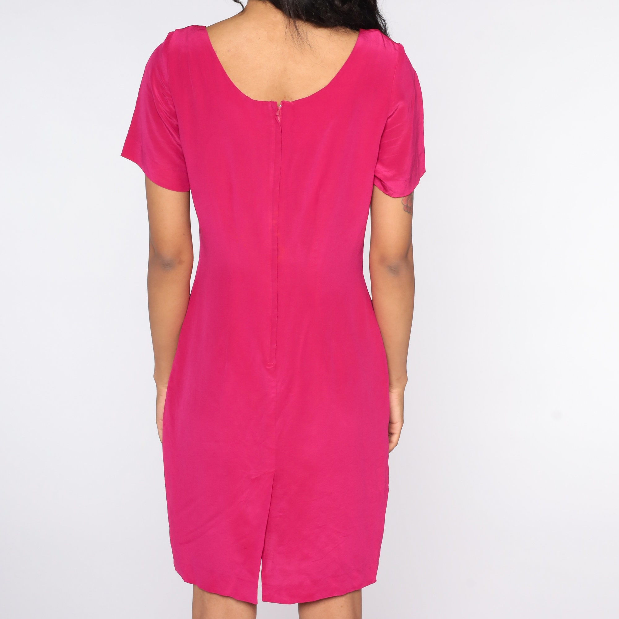 Hot Pink Silk Dress Mini Dress Shift Dress 90s Short Sleeve Vintage ...