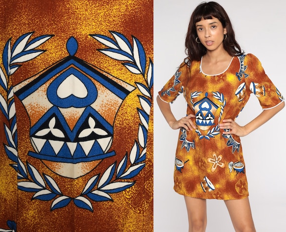 90s Mini Dress Drum Print Dress Shift Puff Sleeve Hippie Boho Dress Geometric Brown Yellow Vintage 1990s Sheath Short Sleeve Medium