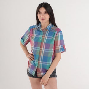 Checkered Blouse 80s Button Up Shirt Blue Green Pink Plaid Print Retro Preppy Short Tab Cuffed Sleeve Collared Top Vintage 1980s Medium M