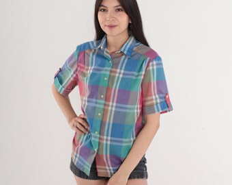 Checkered Blouse 80s Button Up Shirt Blue Green Pink Plaid Print Retro Preppy Short Tab Cuffed Sleeve Collared Top Vintage 1980s Medium M